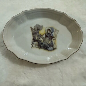 Vintage Holly Hobbie Porcelain Trinket Dish Jewelry Catchall Tray Gold Trim Cute